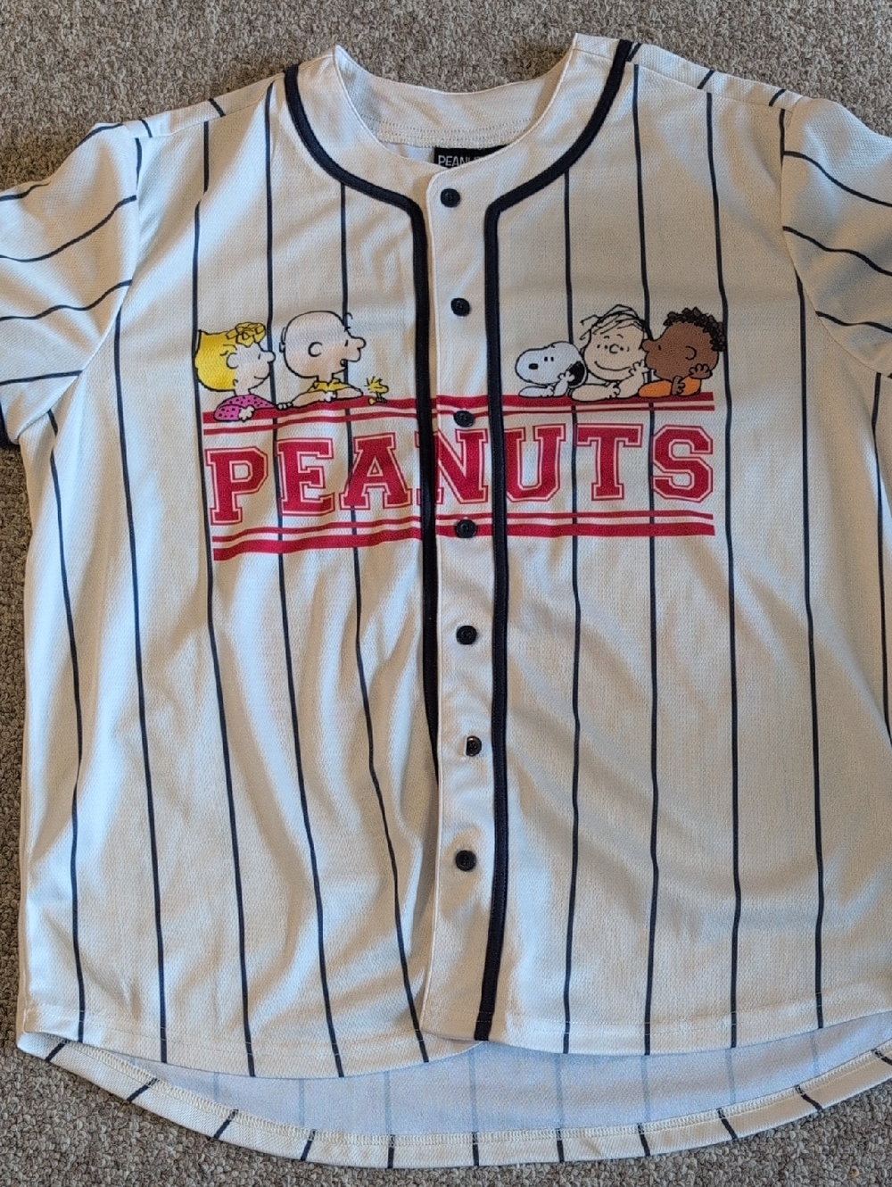 Peanuts Adult White Navy Pinstripe Baseball Button Tee with Red Logo